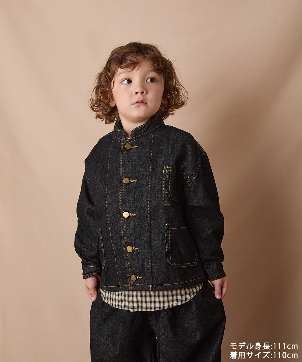 バンドカラーブラックデニムジャケット