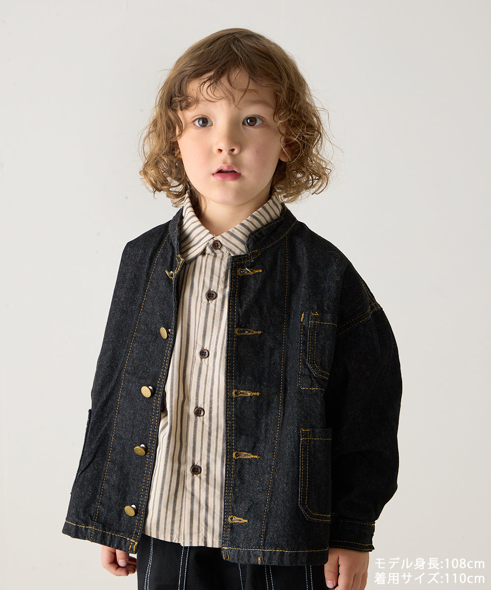 バンドカラーブラックデニムジャケット