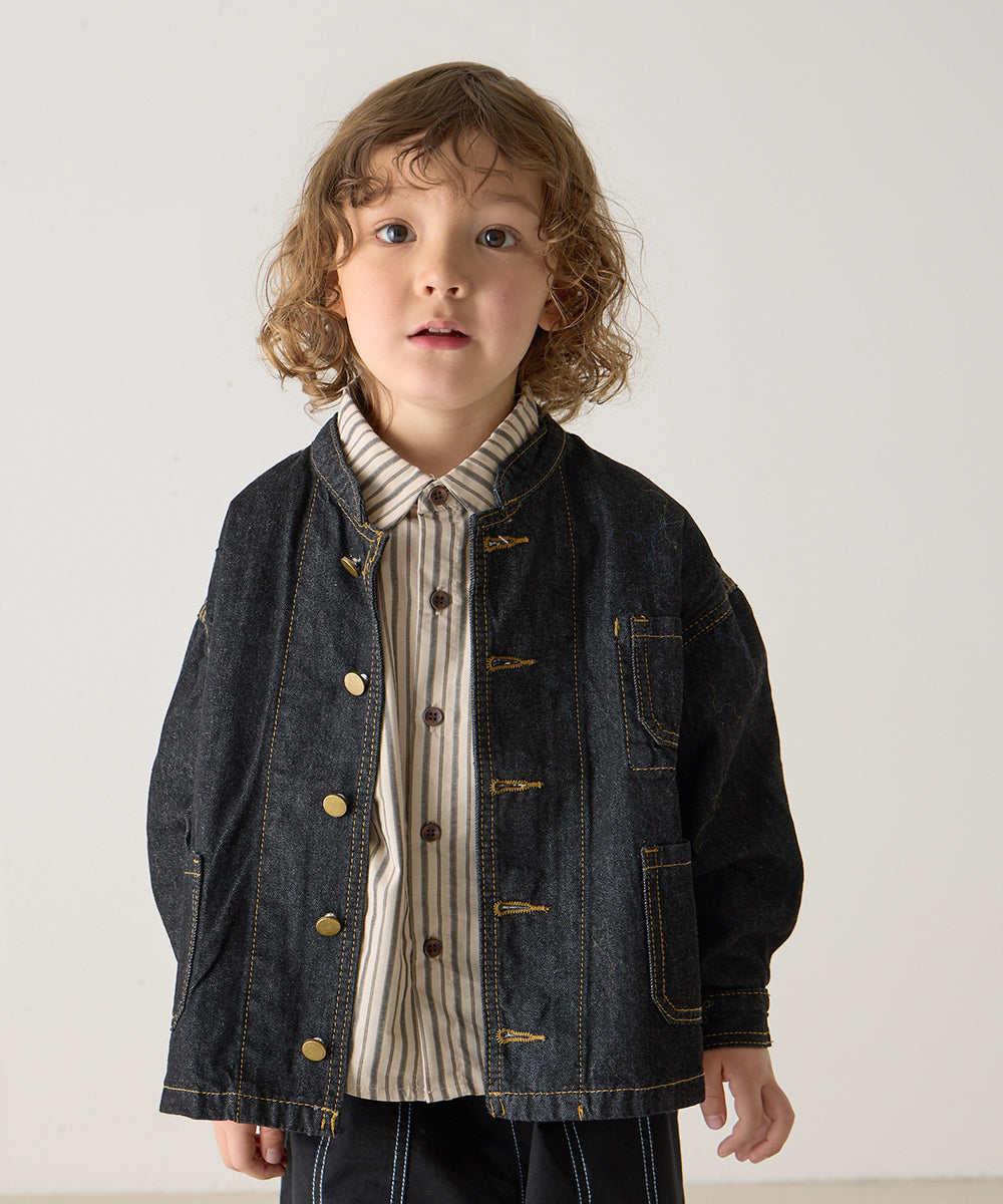 バンドカラーブラックデニムジャケット