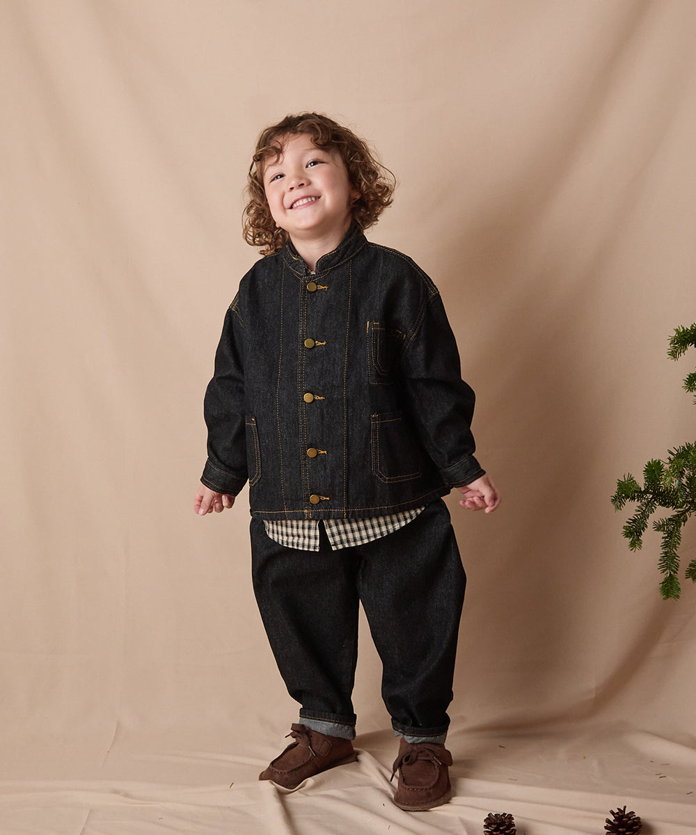 バンドカラーブラックデニムジャケット