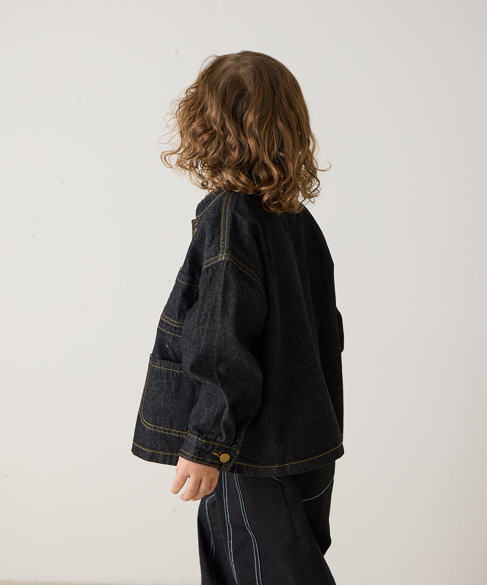 バンドカラーブラックデニムジャケット
