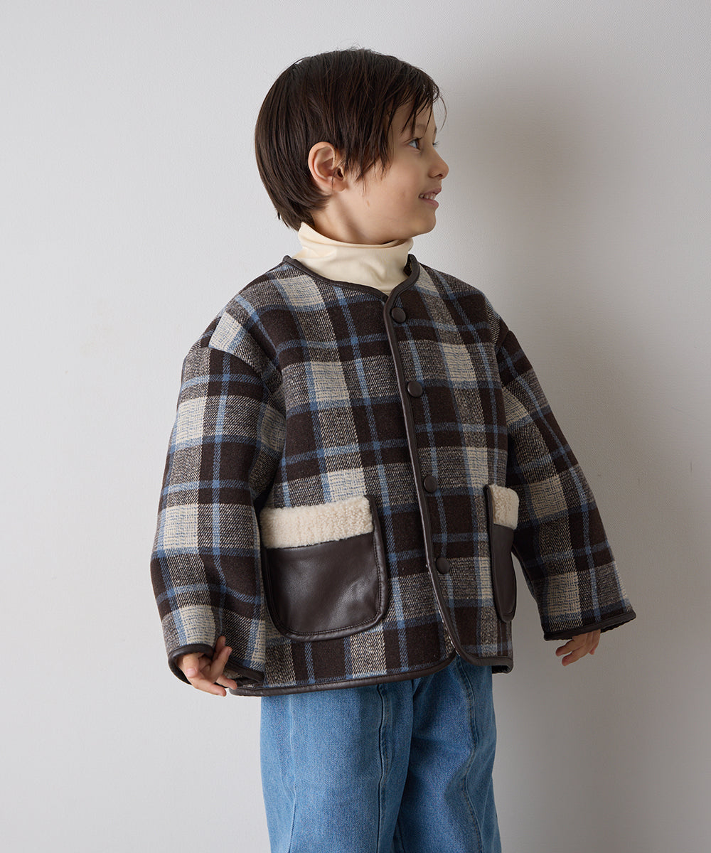 レザーパイピングチェックボアジャケット