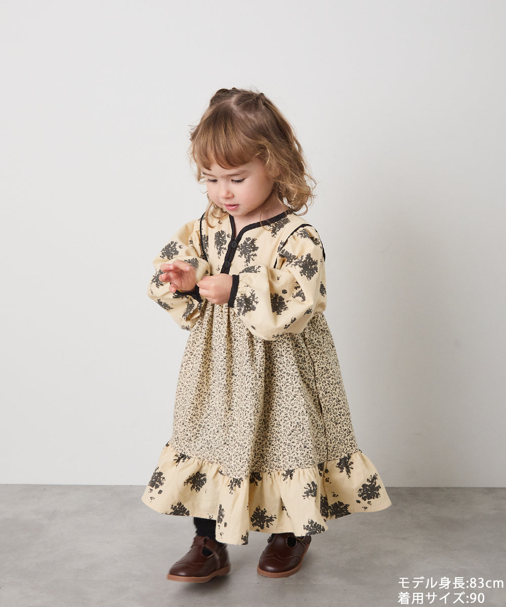 ブロックカフタンフラワープリントワンピース