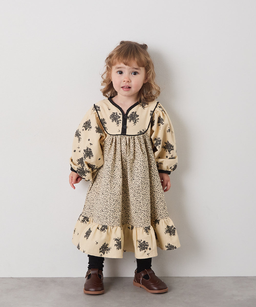 ブロックカフタンフラワープリントワンピース