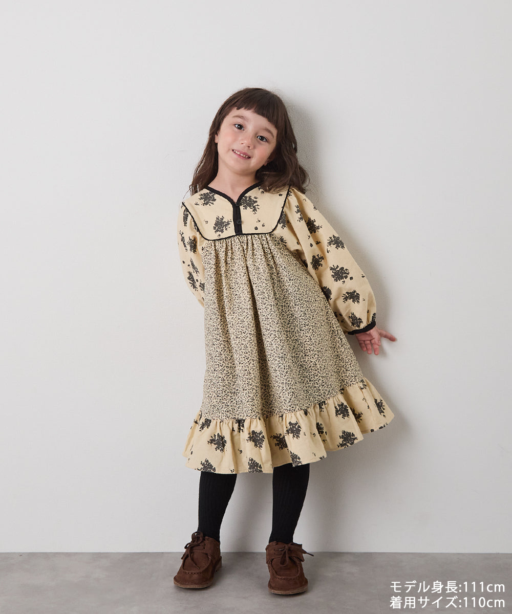 ブロックカフタンフラワープリントワンピース