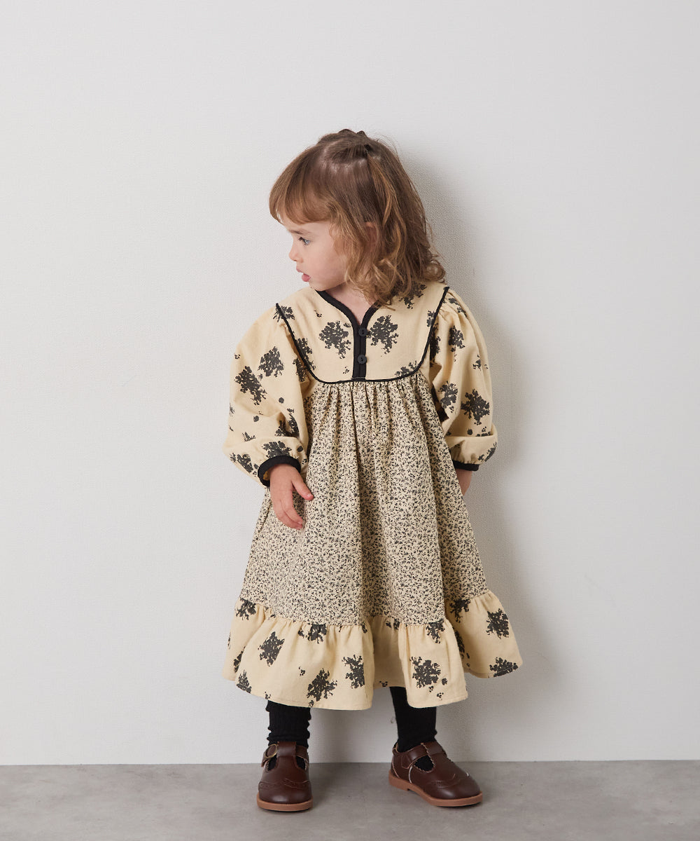 ブロックカフタンフラワープリントワンピース