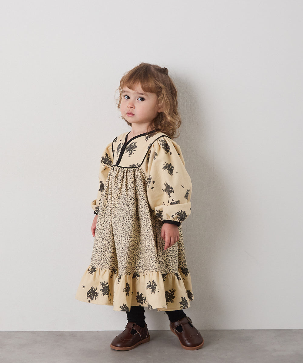 ブロックカフタンフラワープリントワンピース