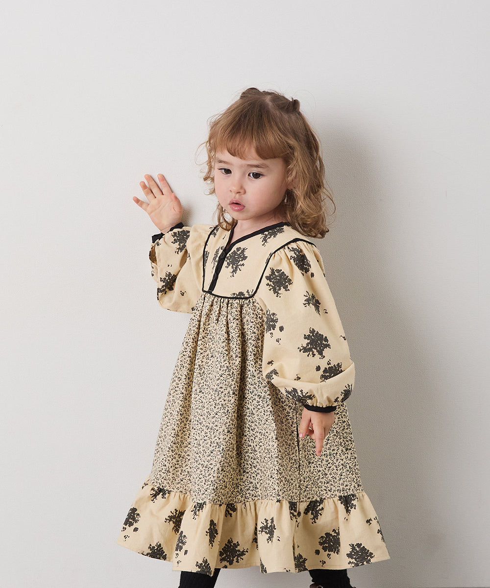 ブロックカフタンフラワープリントワンピース