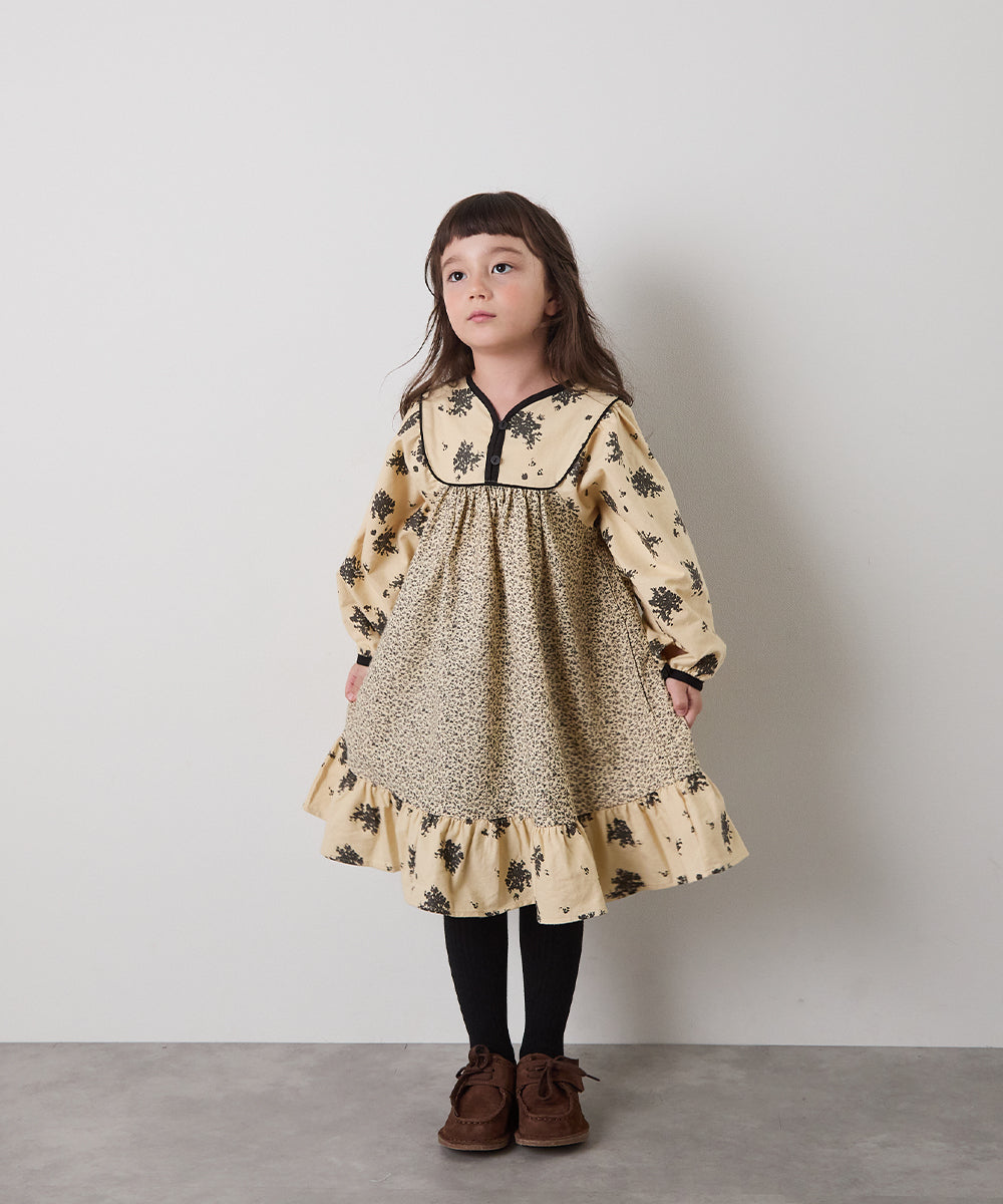 ブロックカフタンフラワープリントワンピース