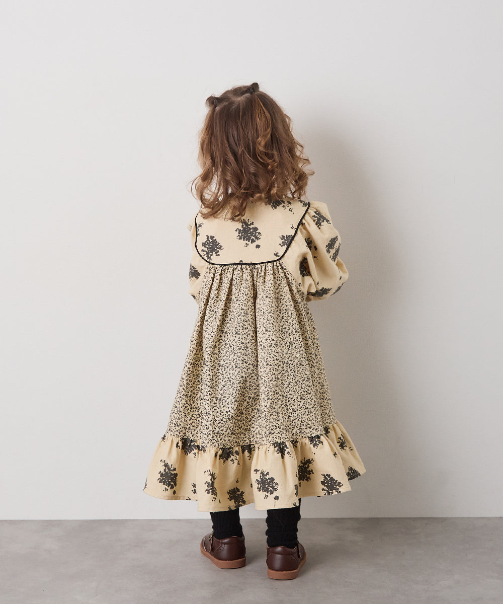 ブロックカフタンフラワープリントワンピース