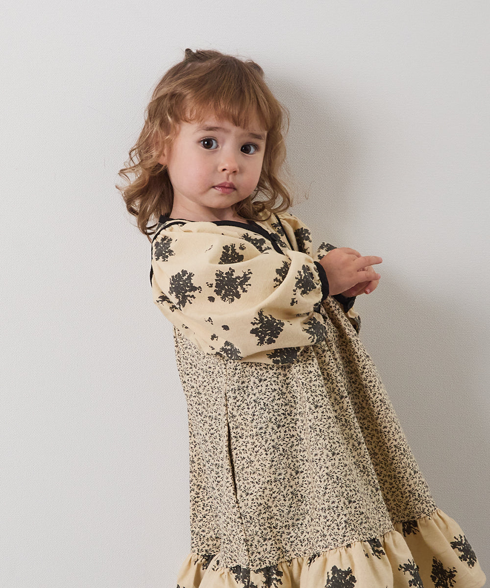 ブロックカフタンフラワープリントワンピース