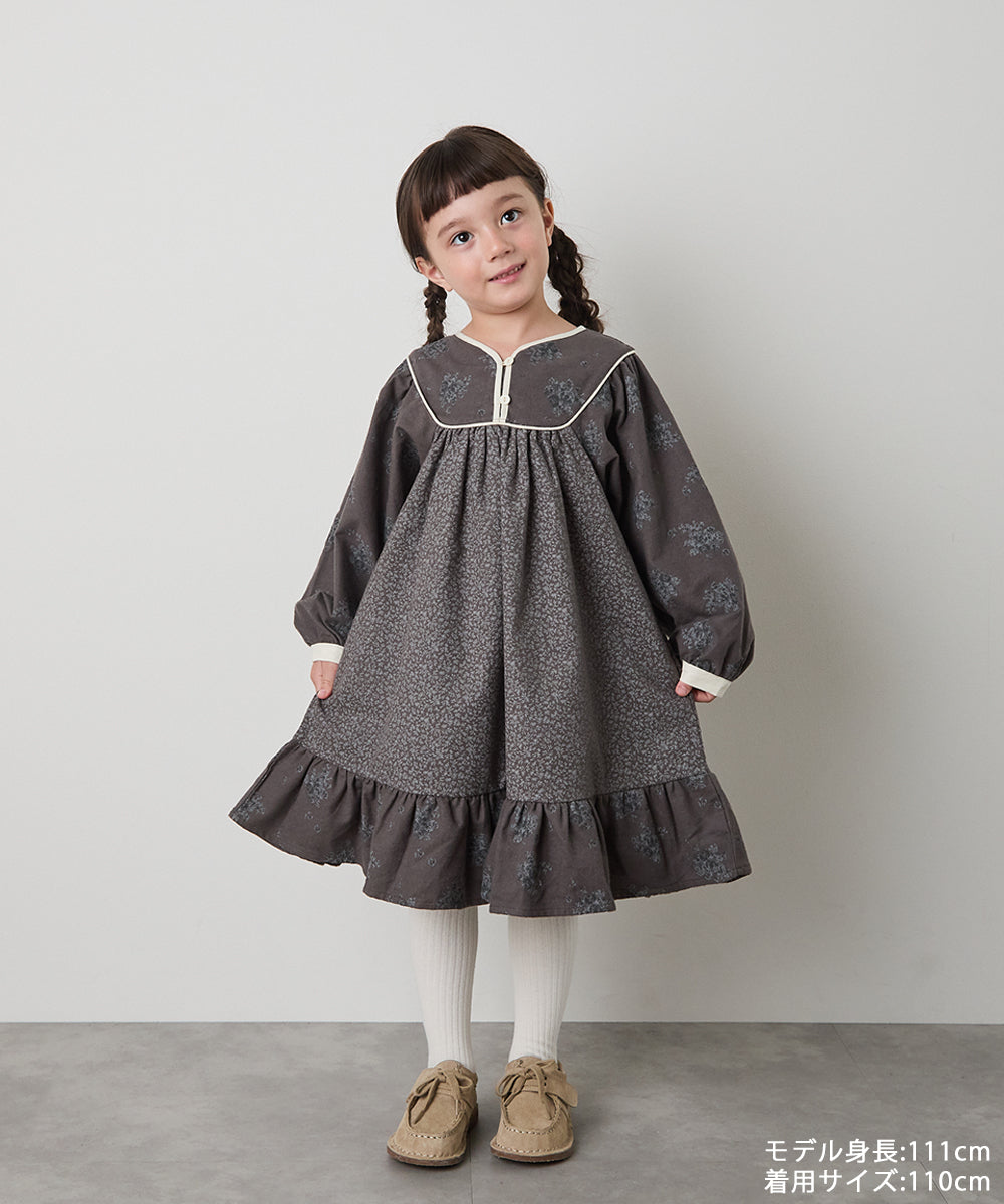 ブロックカフタンフラワープリントワンピース