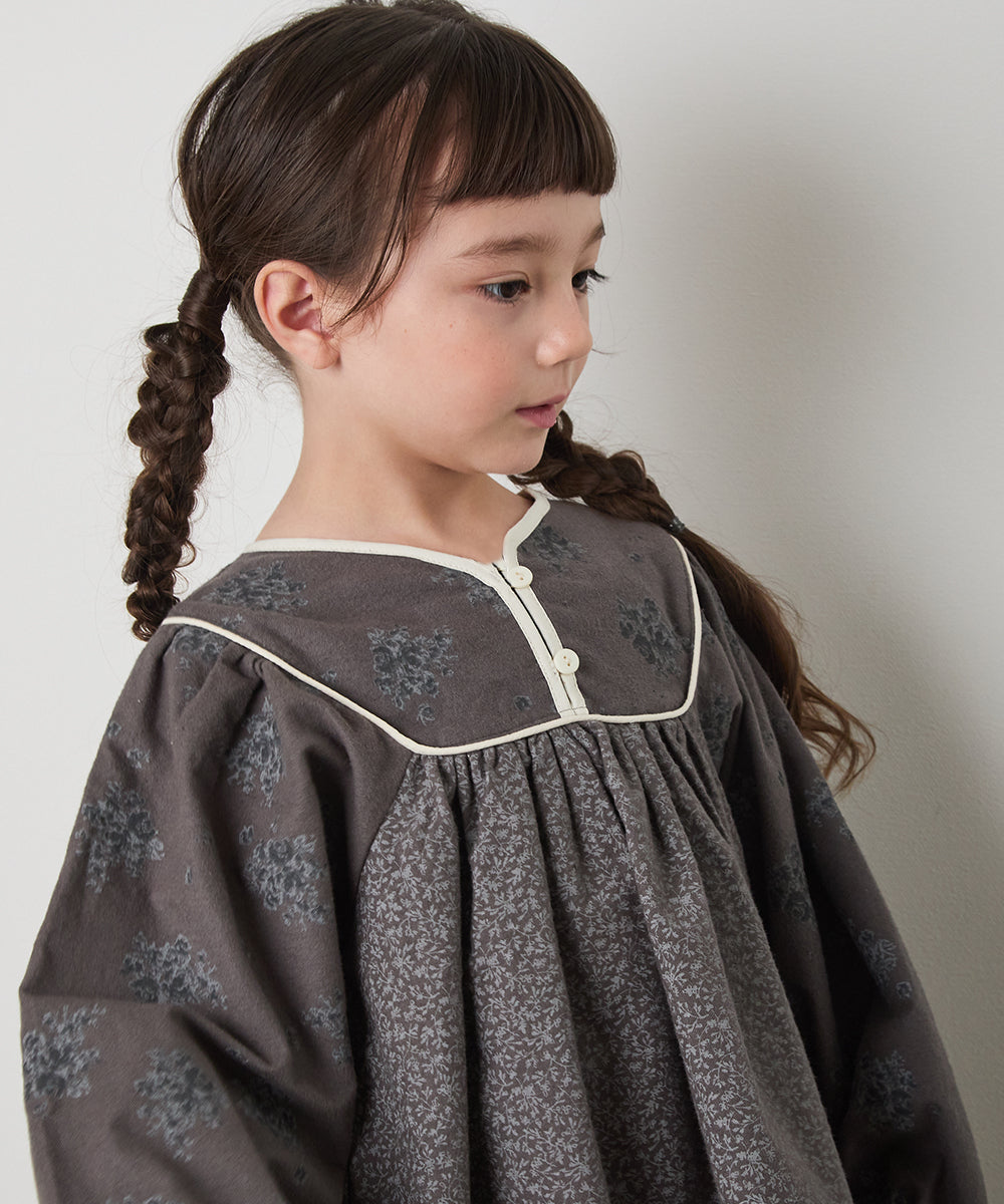 ブロックカフタンフラワープリントワンピース