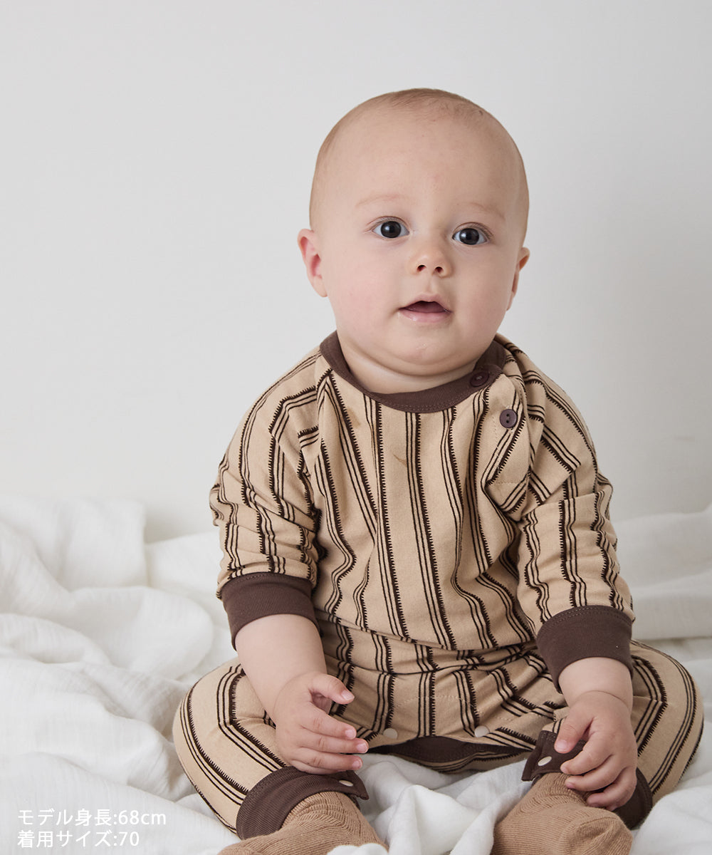 【リンクコーデ】ボタンデザインストライプロングスリーブベビーロンパース