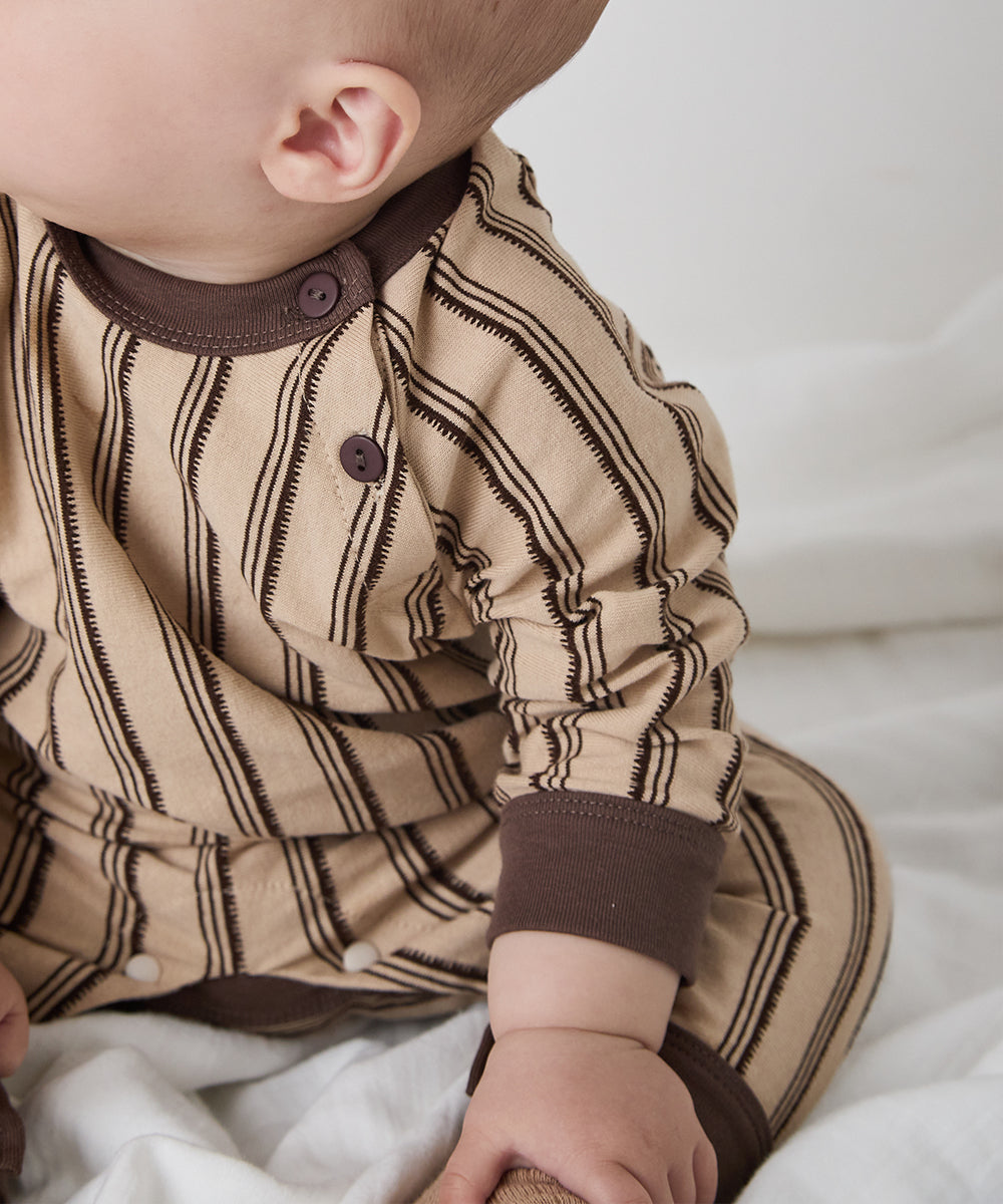 【リンクコーデ】ボタンデザインストライプロングスリーブベビーロンパース