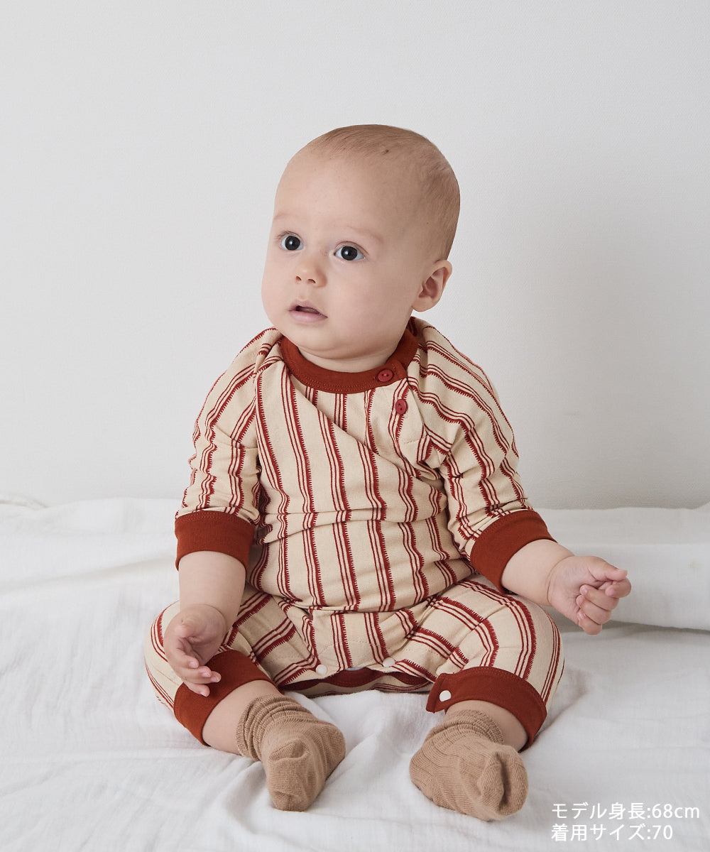 【リンクコーデ】ボタンデザインストライプロングスリーブベビーロンパース