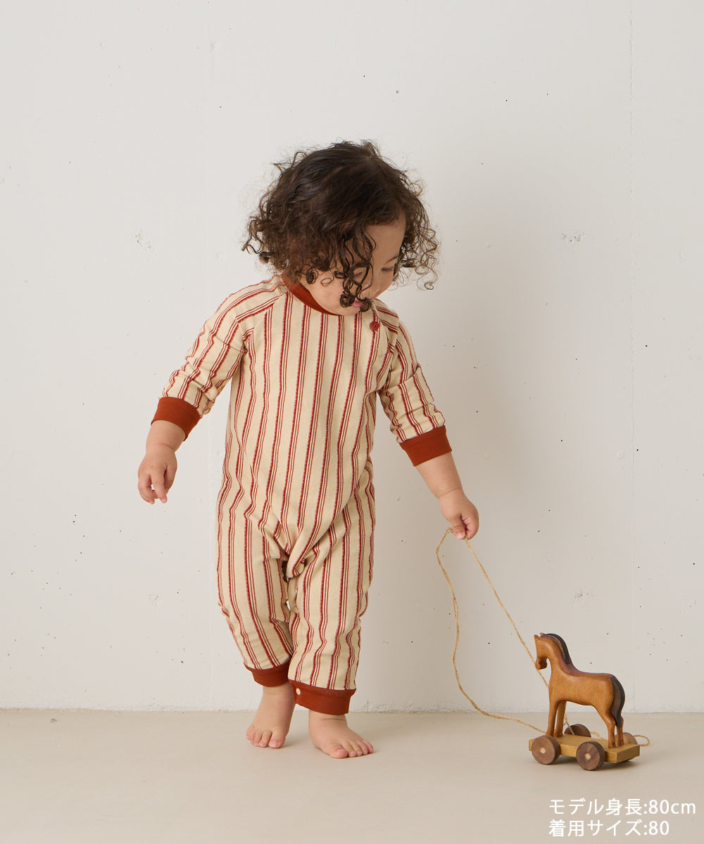【リンクコーデ】ボタンデザインストライプロングスリーブベビーロンパース