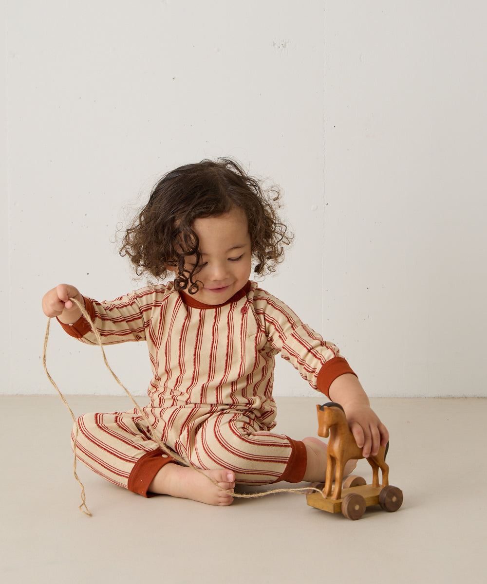 【リンクコーデ】ボタンデザインストライプロングスリーブベビーロンパース