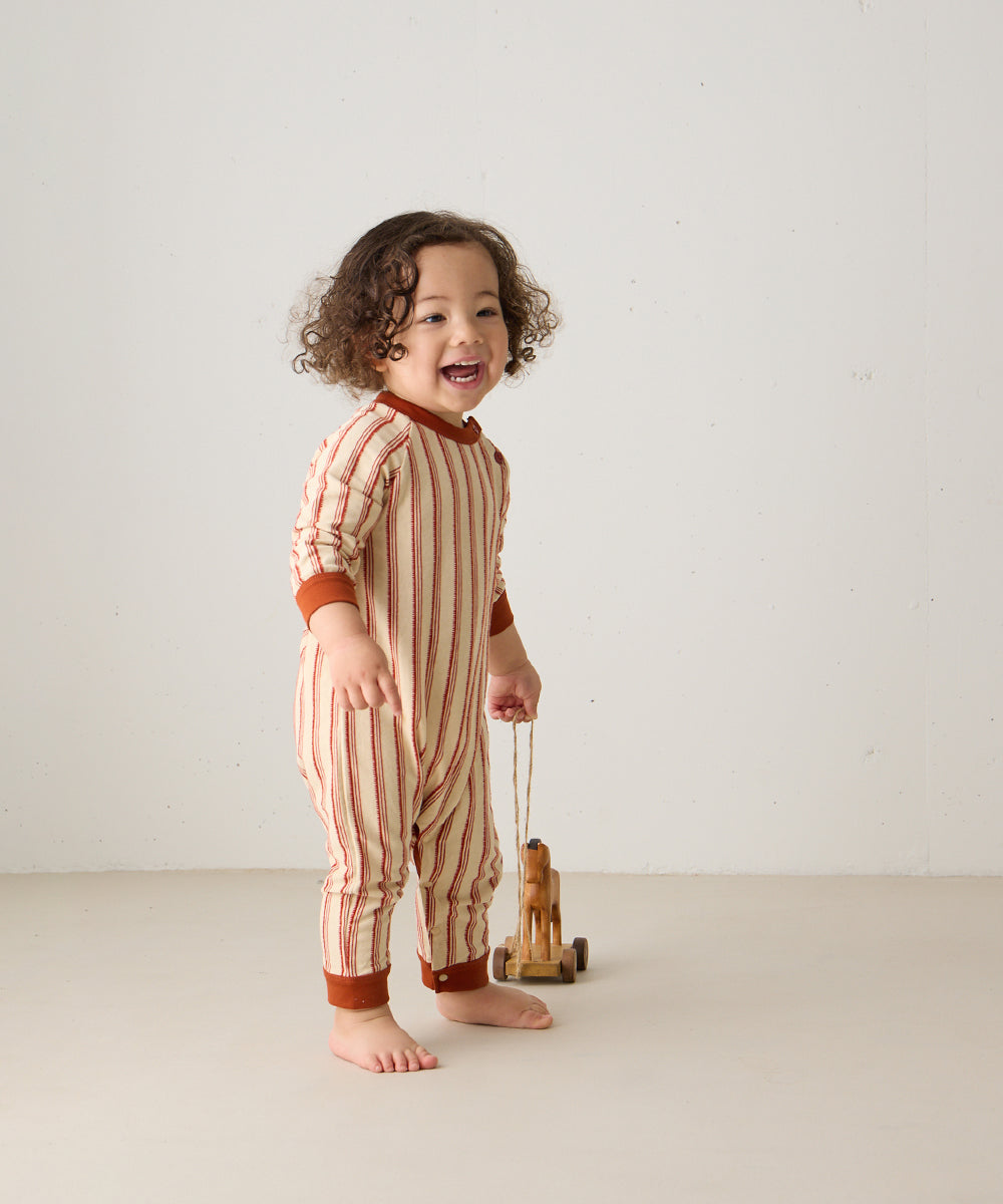 【リンクコーデ】ボタンデザインストライプロングスリーブベビーロンパース