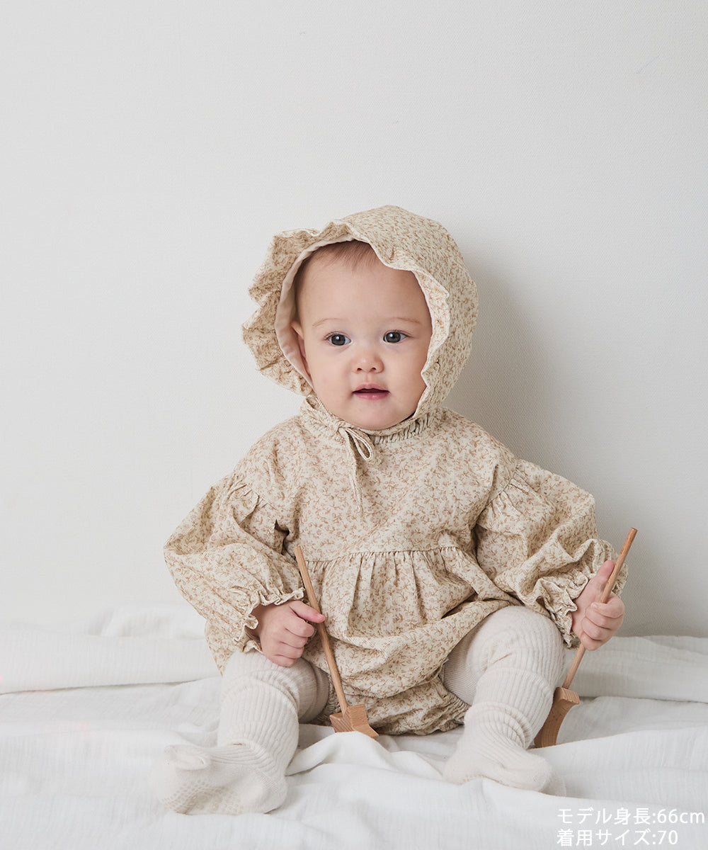 【リンクコーデ】ボンネット付きフラワーコーデュロイフリルロンパース