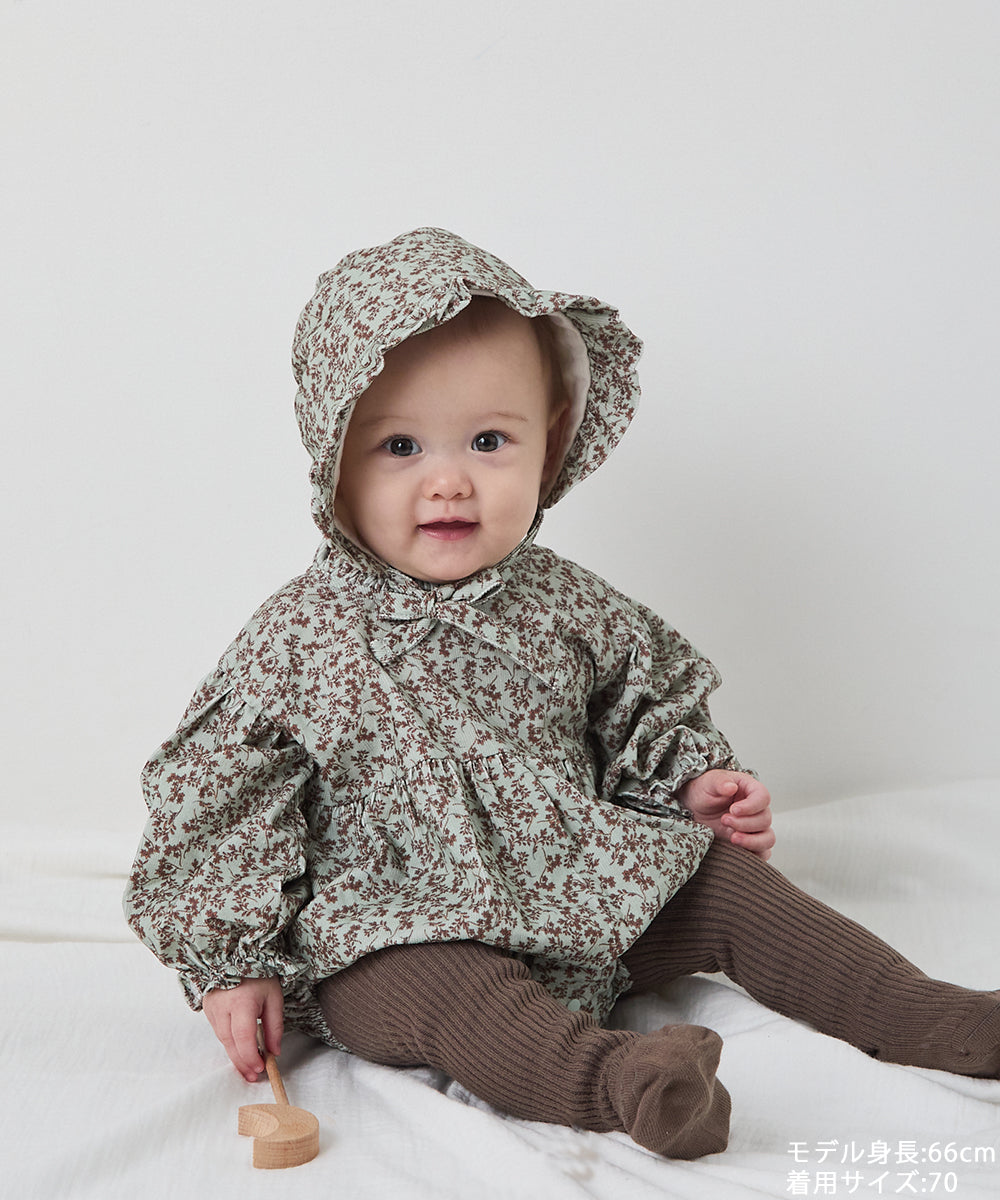 【リンクコーデ】ボンネット付きフラワーコーデュロイフリルロンパース