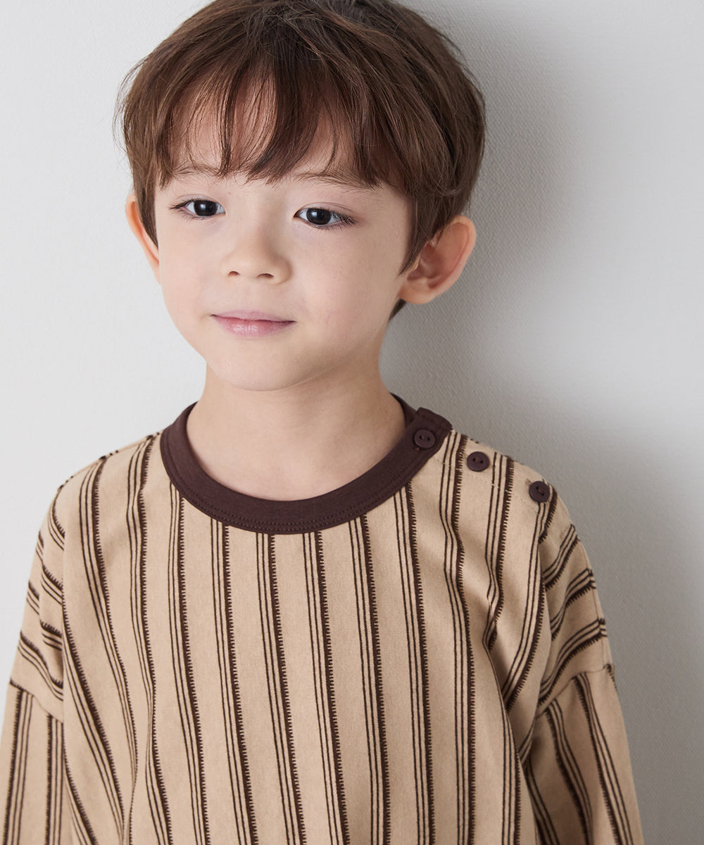 【リンクコーデ】ボタンデザインストライプロングスリーブTシャツ