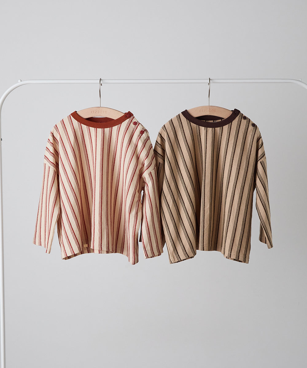 【リンクコーデ】ボタンデザインストライプロングスリーブTシャツ