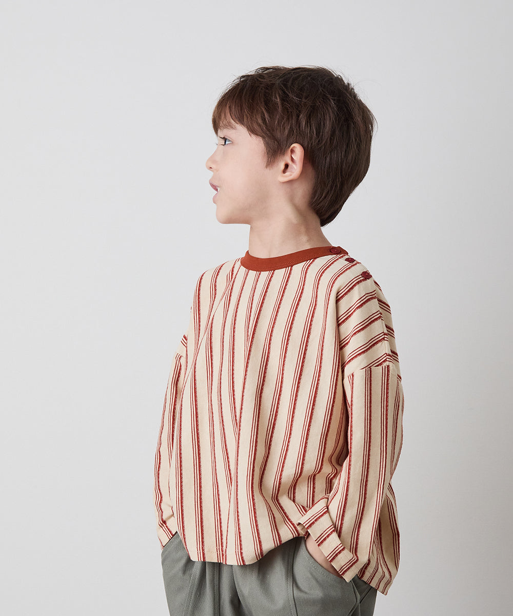 【リンクコーデ】ボタンデザインストライプロングスリーブTシャツ