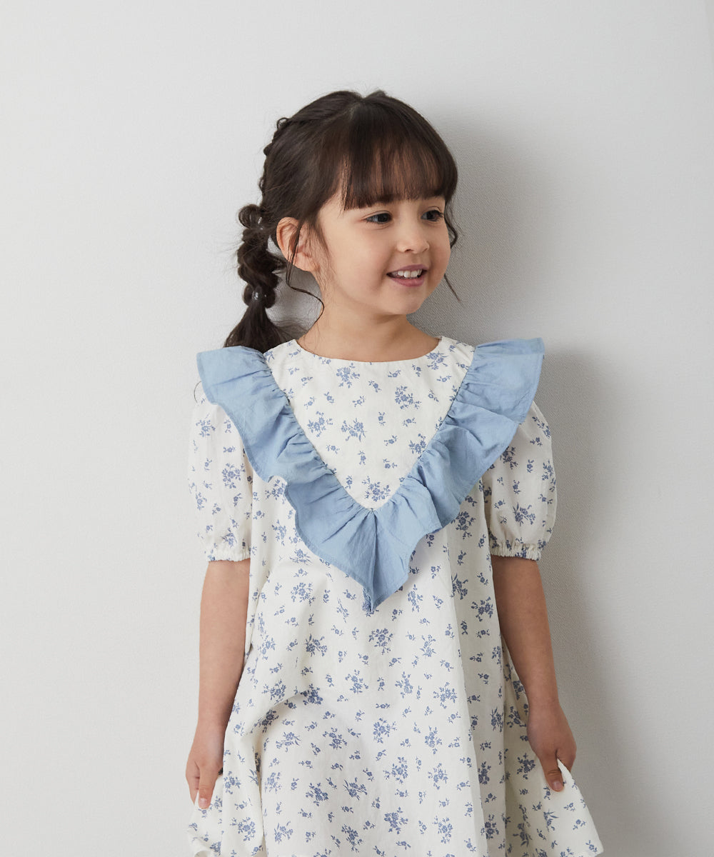 【リンクコーデ】花柄プリントVライン切り替えフリルワンピース