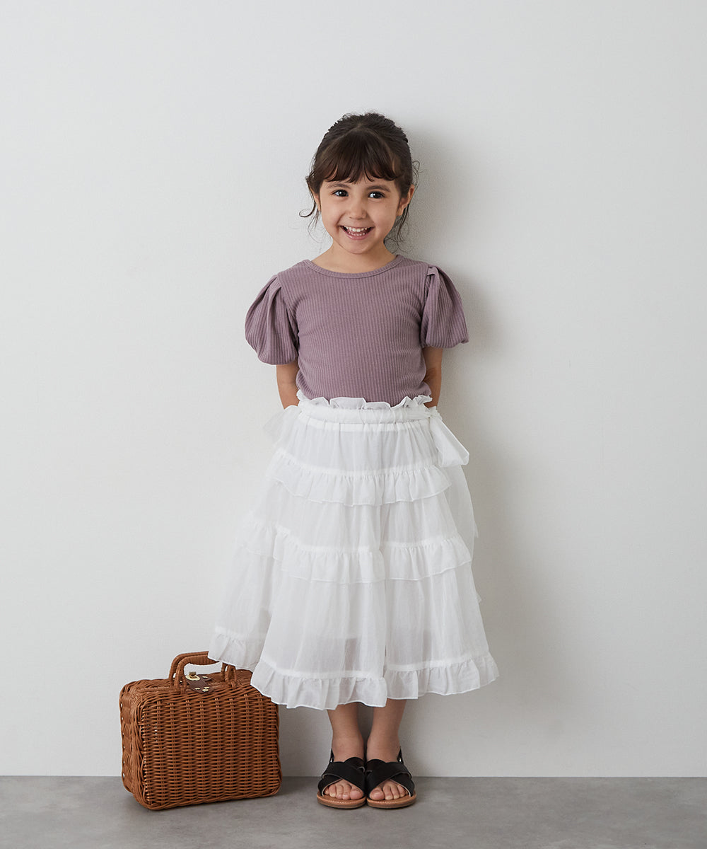 バッククロスパフスリーブリブTシャツ