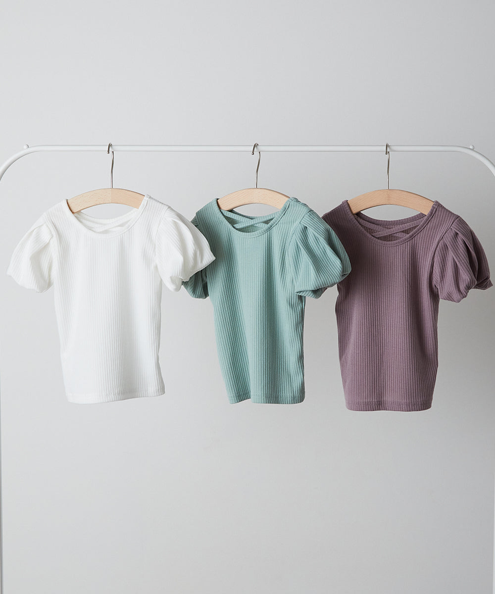 バッククロスパフスリーブリブTシャツ