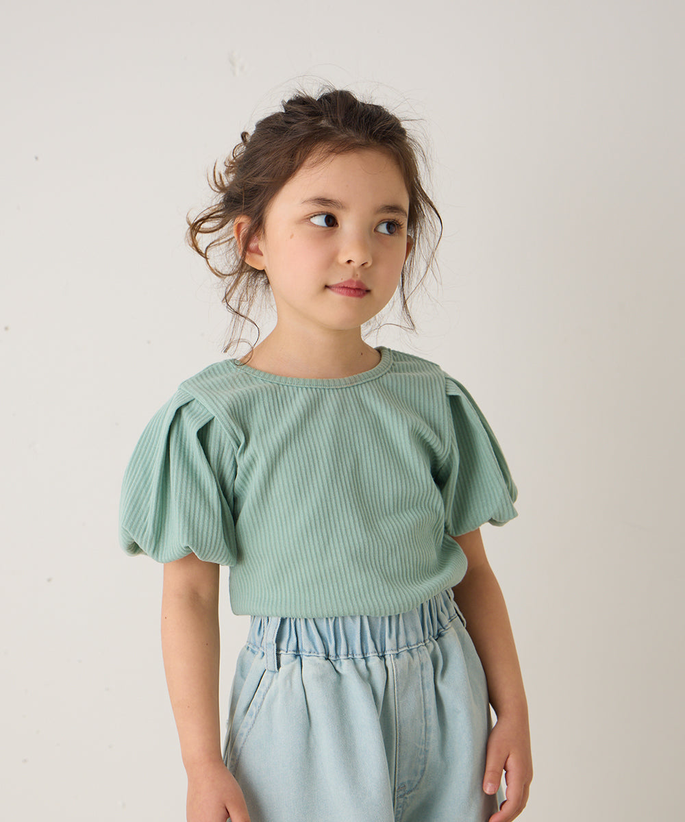 バッククロスパフスリーブリブTシャツ