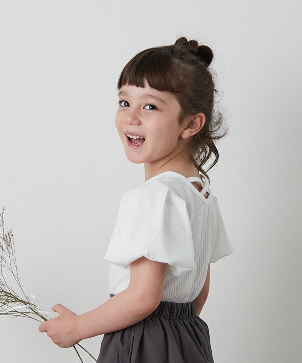 バッククロスパフスリーブリブTシャツ
