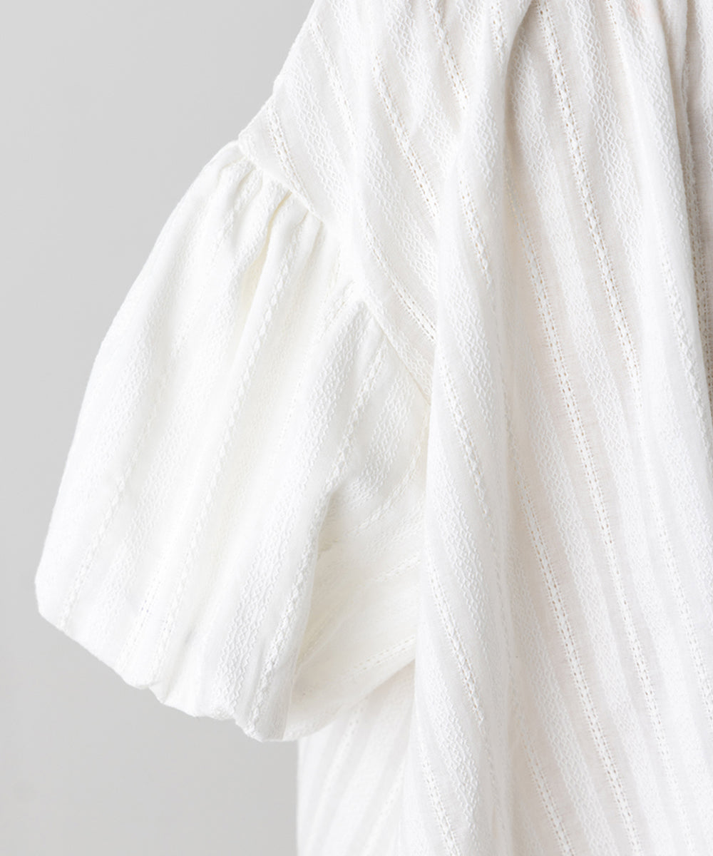 バンドカラー5分袖バルーンスリーブロングワンピース