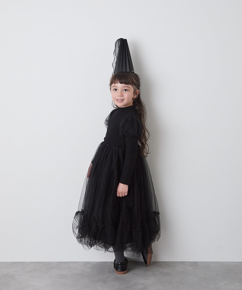 チュールパフスリーブドッキングワンピース