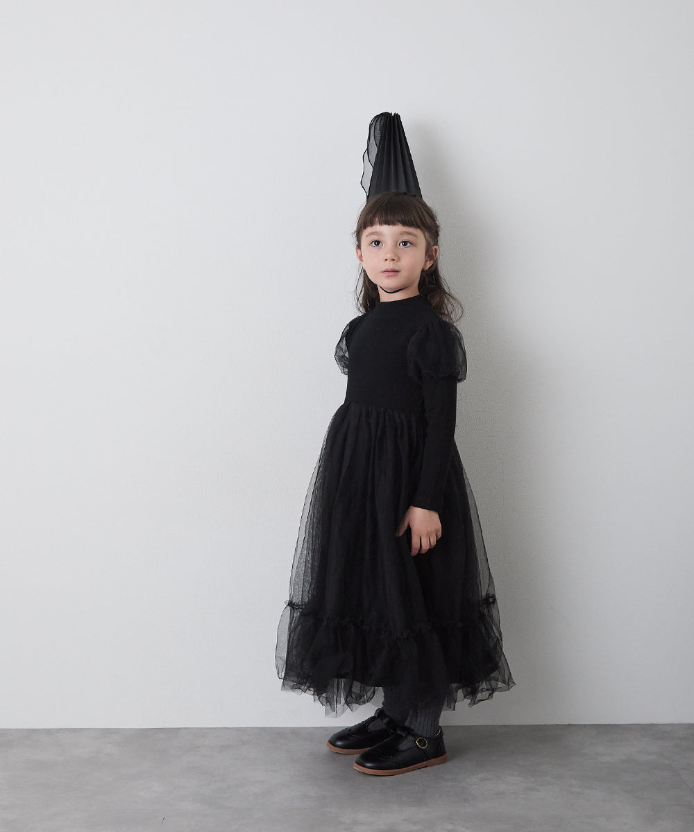 チュールパフスリーブドッキングワンピース