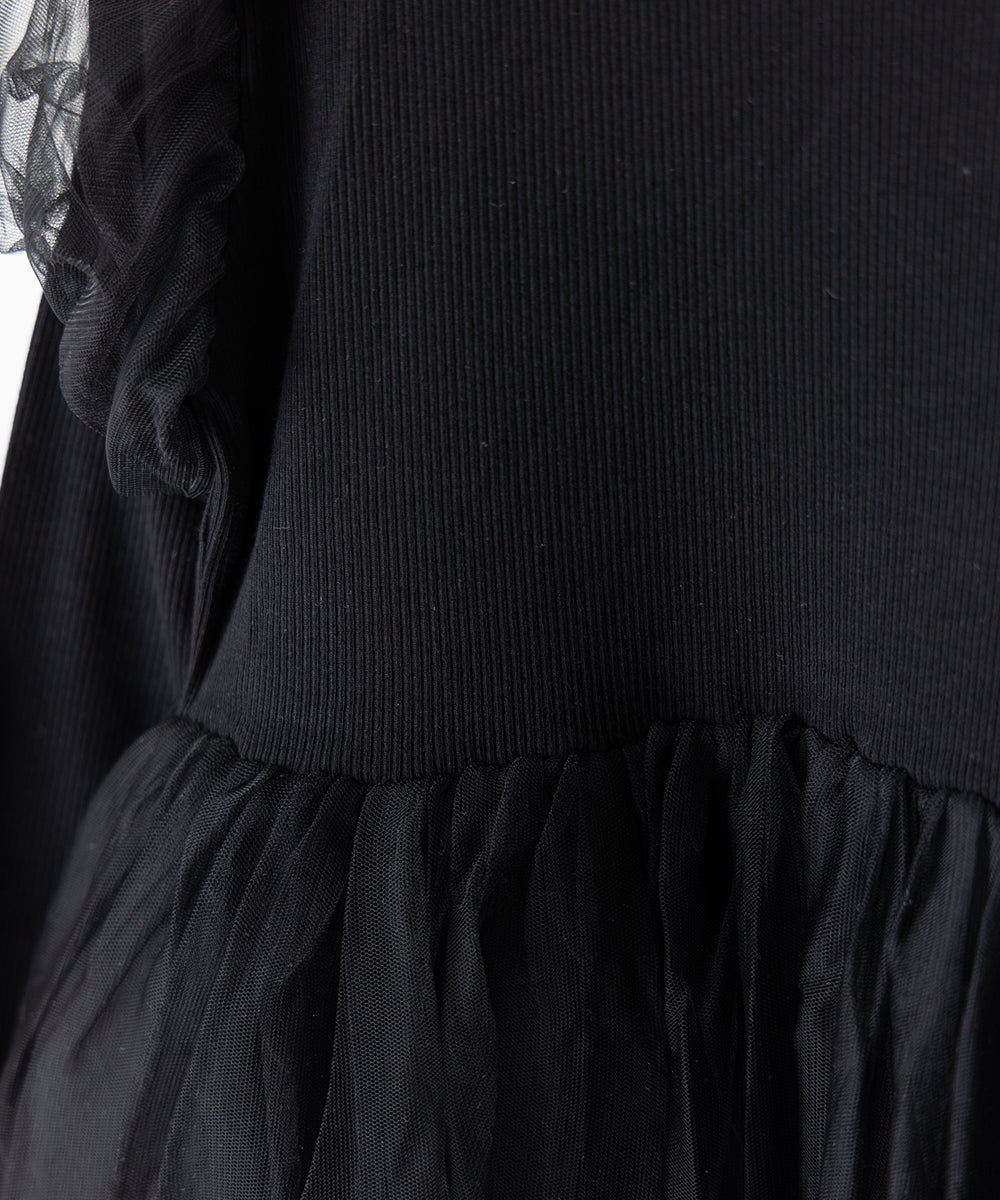 チュールパフスリーブドッキングワンピース