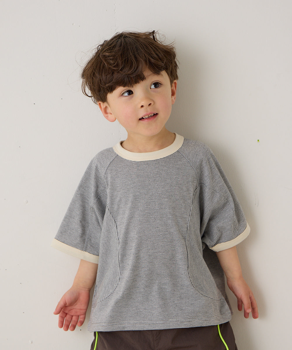 配色リブラグランスリーブ細ボーダーTシャツ