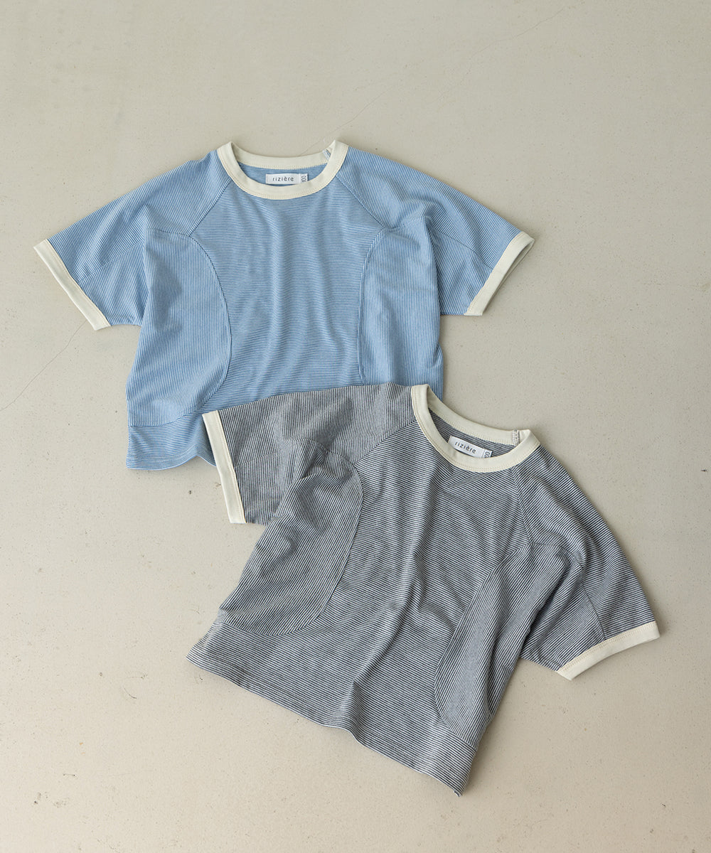 配色リブラグランスリーブ細ボーダーTシャツ