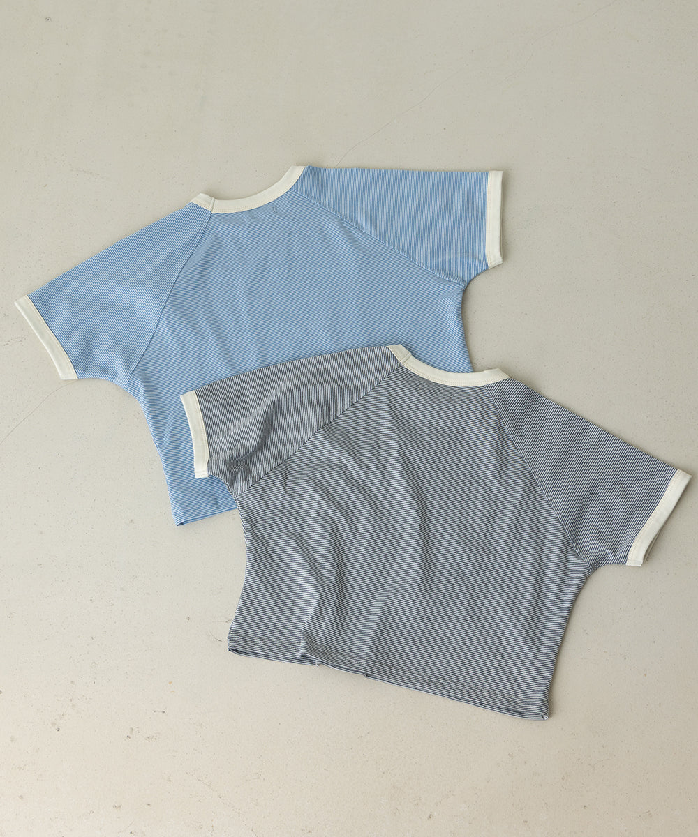 配色リブラグランスリーブ細ボーダーTシャツ