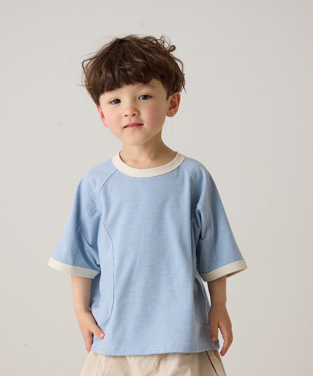 配色リブラグランスリーブ細ボーダーTシャツ