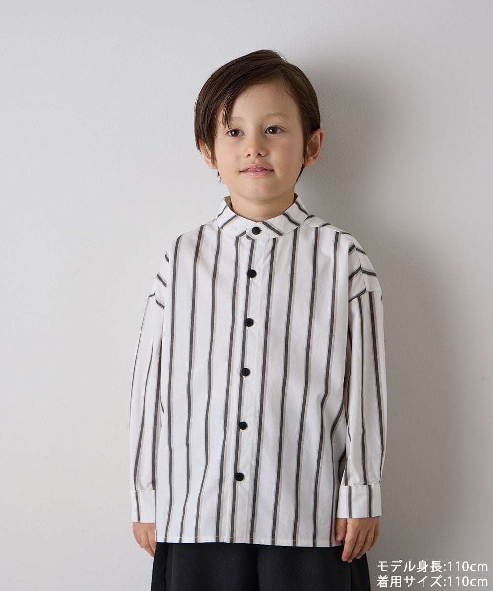 選べる2色コットンバンドカラーストライプシャツ(ボタン取り外し対応)