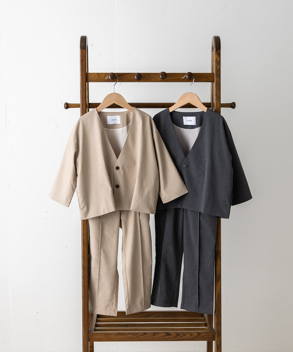 ストライプ柄ノーカラージャケットセットアップ