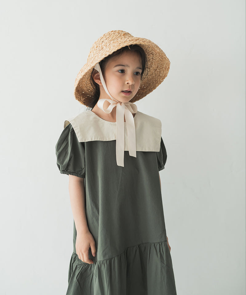 アシンメトリーカラーパフスリーブワンピース