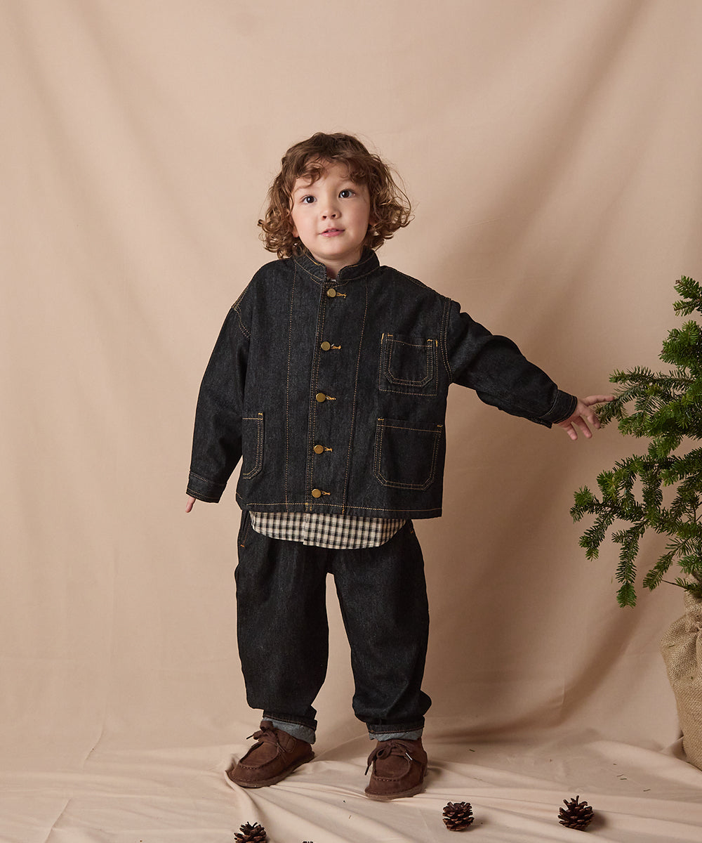 バンドカラーブラックデニムジャケット