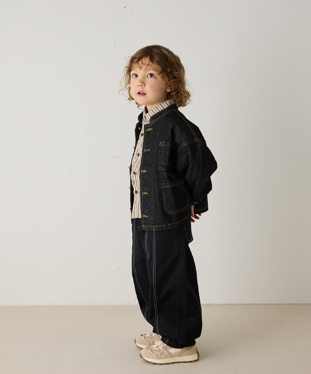 バンドカラーブラックデニムジャケット