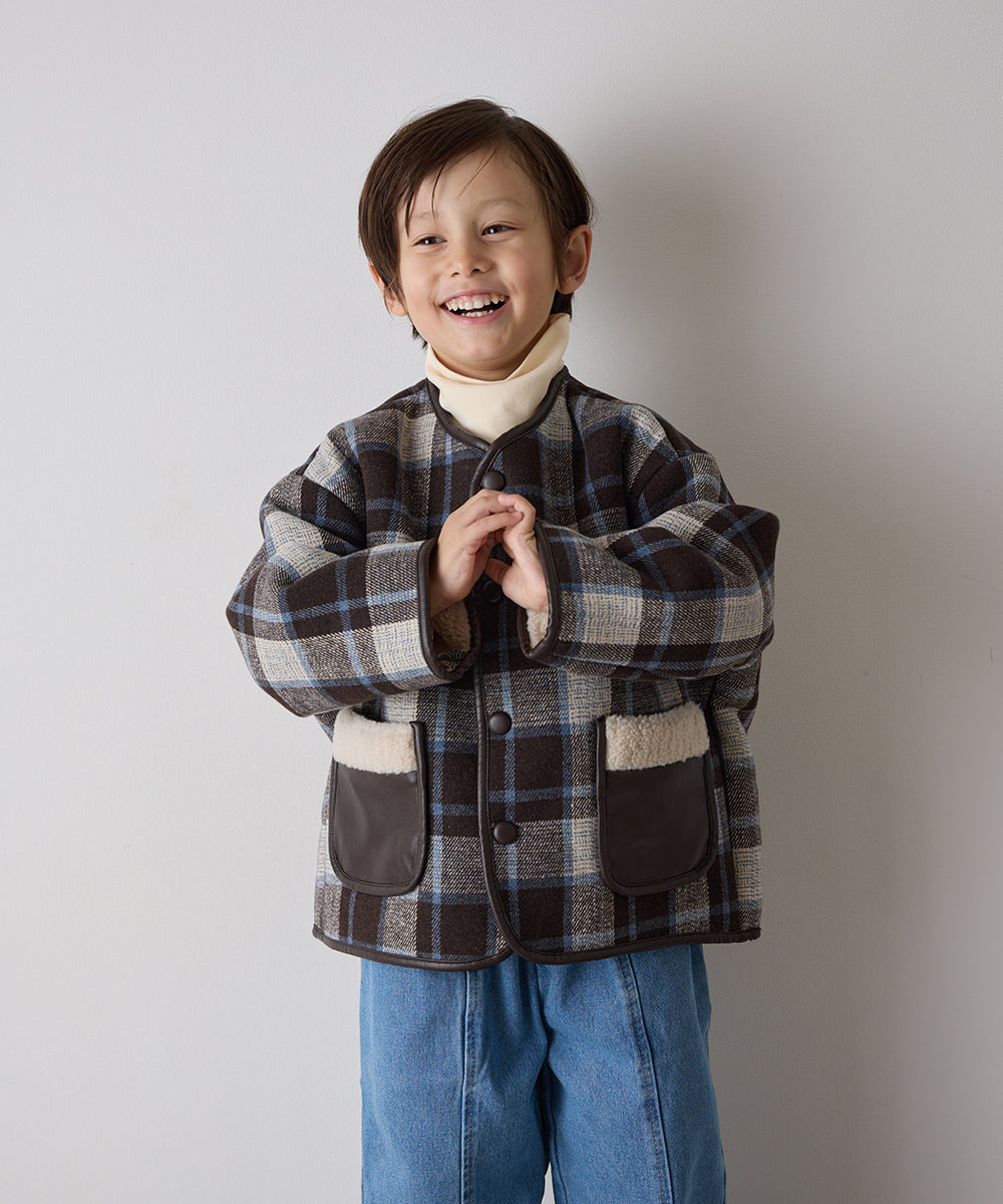 レザーパイピングチェックボアジャケット