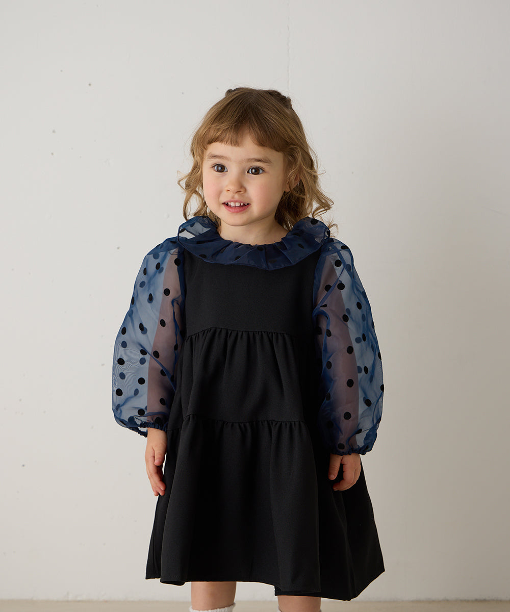 ドット柄シフォンドッキングティアードセレモニーワンピース