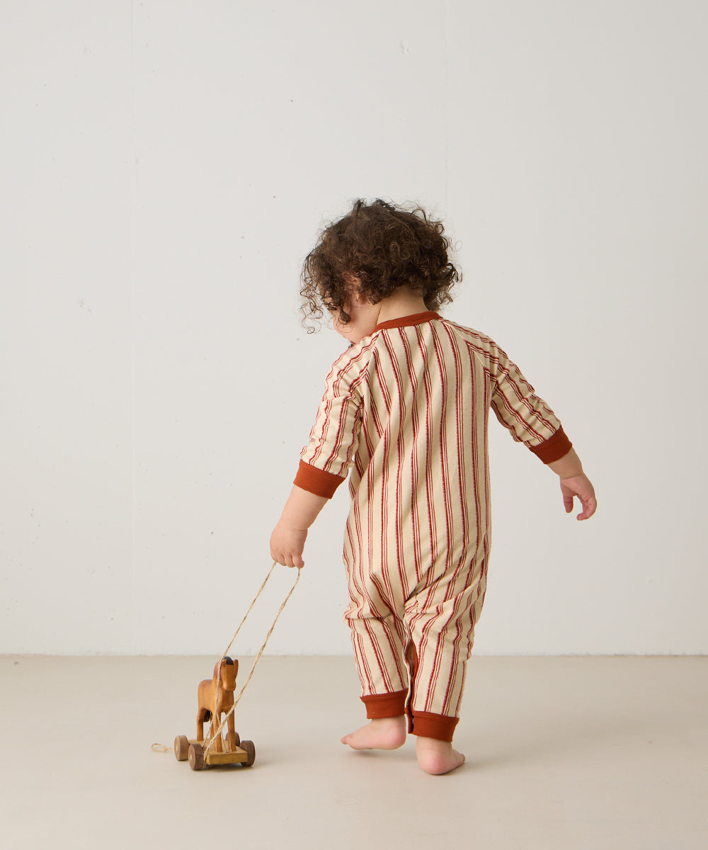 【リンクコーデ】ボタンデザインストライプロングスリーブベビーロンパース