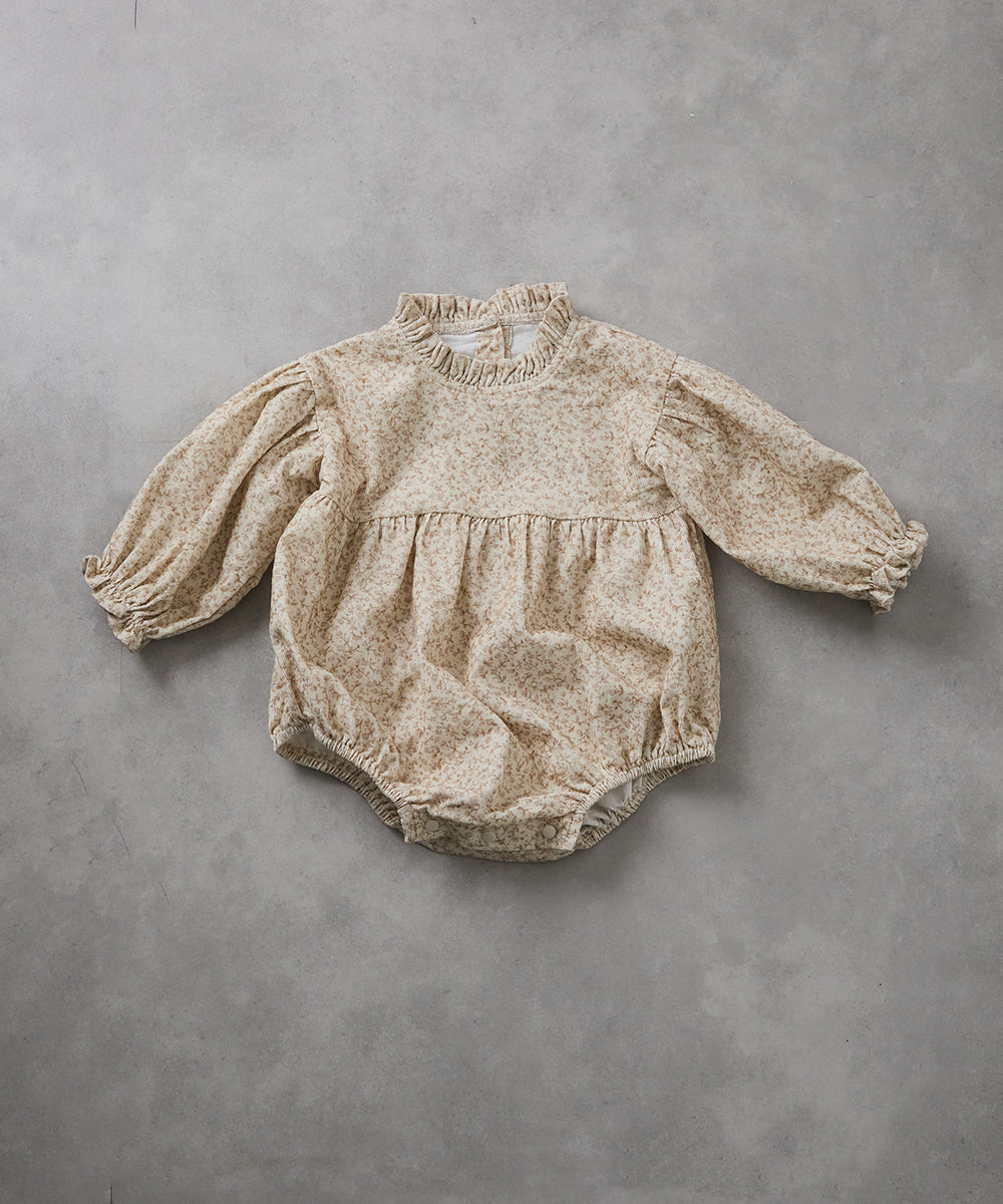 【リンクコーデ】ボンネット付きフラワーコーデュロイフリルロンパース